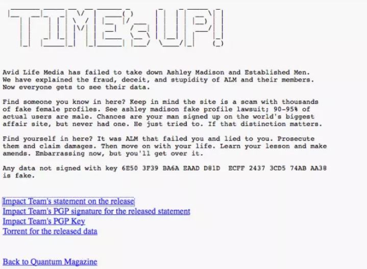 Página de hackeo de Ashley Madison publicada por Impact Team