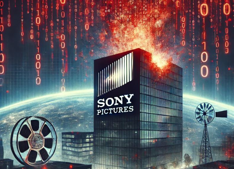 Ciberataque a Sony Pictures: torre en llamas con fondo de código binario