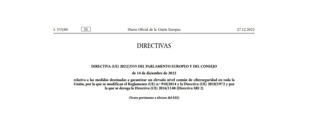 Portada de la Directiva (UE) 2022/2555 del Parlamento Europeo y del Consejo sobre ciberseguridad en la Unión Europea.