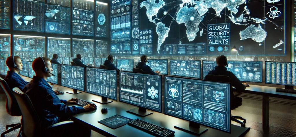 Sala de control de seguridad con operadores monitorizando alertas globales a través de múltiples pantallas y mapas interactivos.