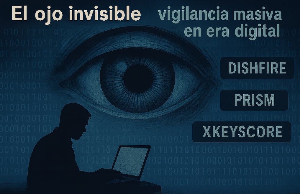 Ilustración sobre vigilancia masiva en la era digital con referencias a programas como DISHFIRE, PRISM y XKEYSCORE.