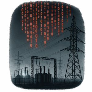 Ciberataque a infraestructura crítica con código binario cayendo sobre subestación eléctrica y torres de alta tensión.