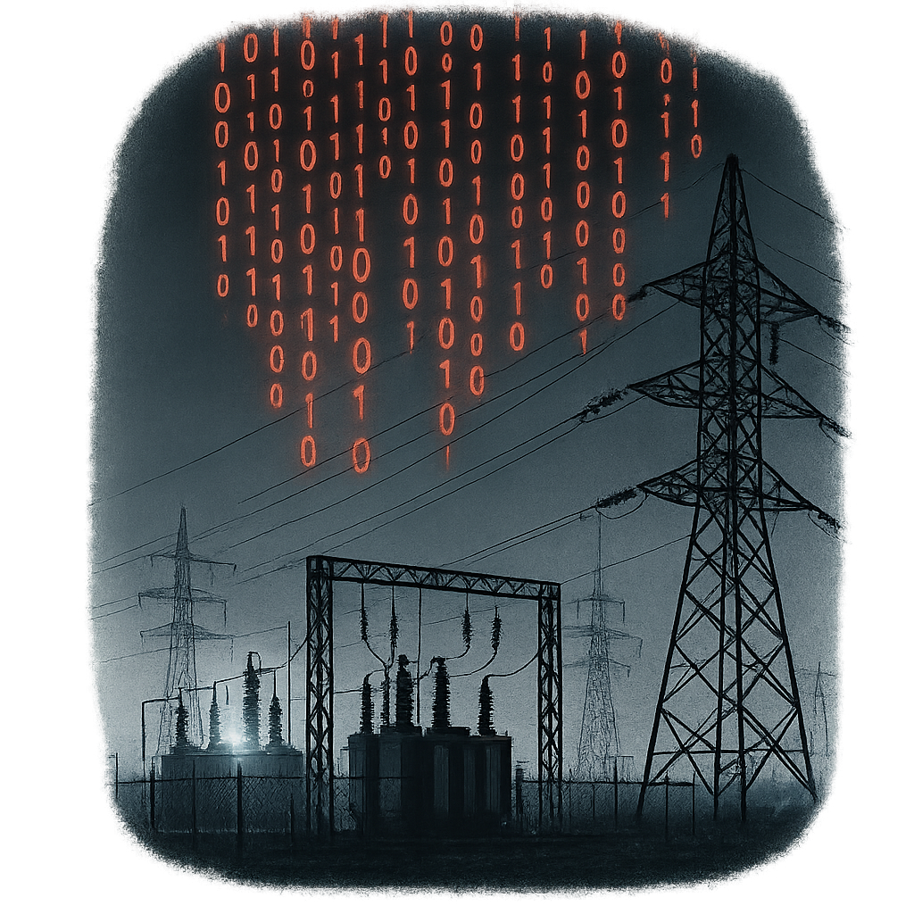Ciberataque a infraestructura crítica con código binario cayendo sobre subestación eléctrica y torres de alta tensión.